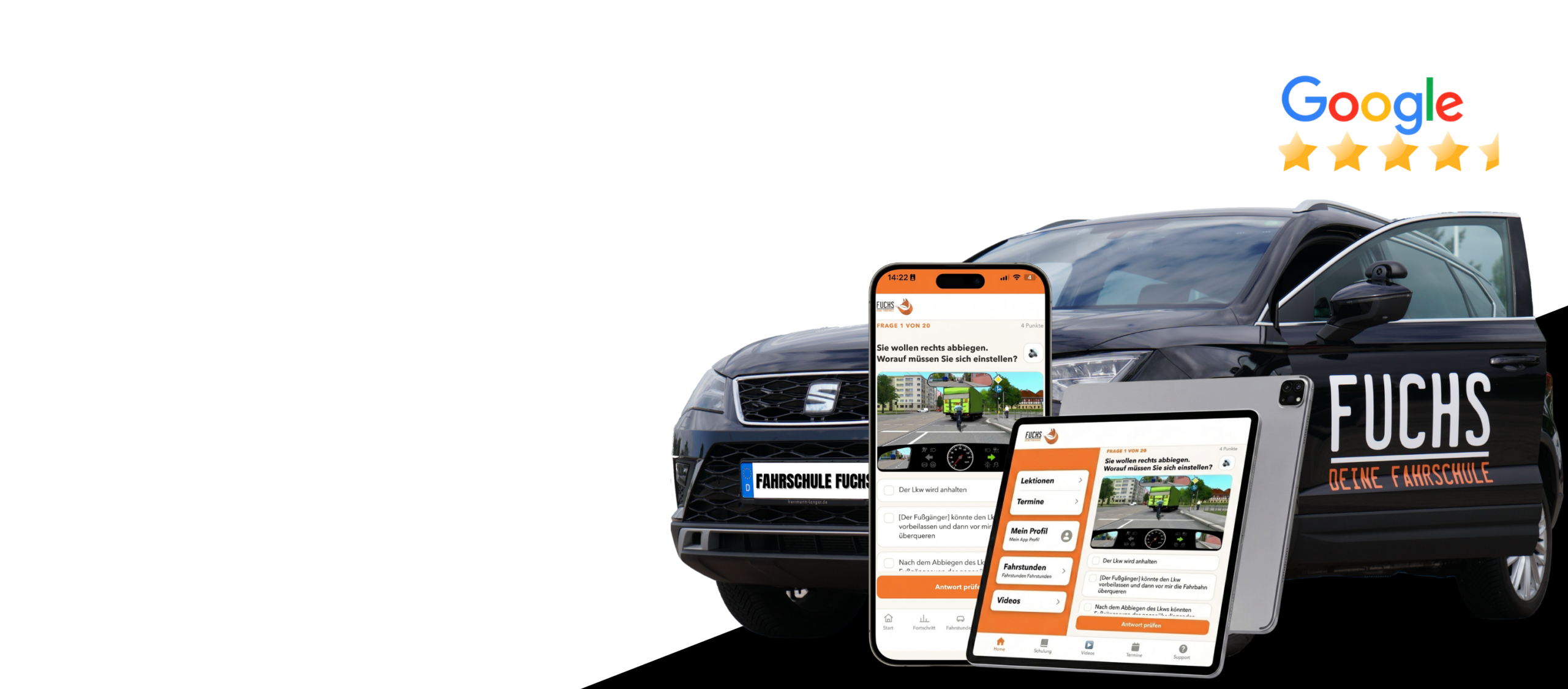 Fahrschule Fuchs Auto mit der FUCHS-App auf Handy und Tablet