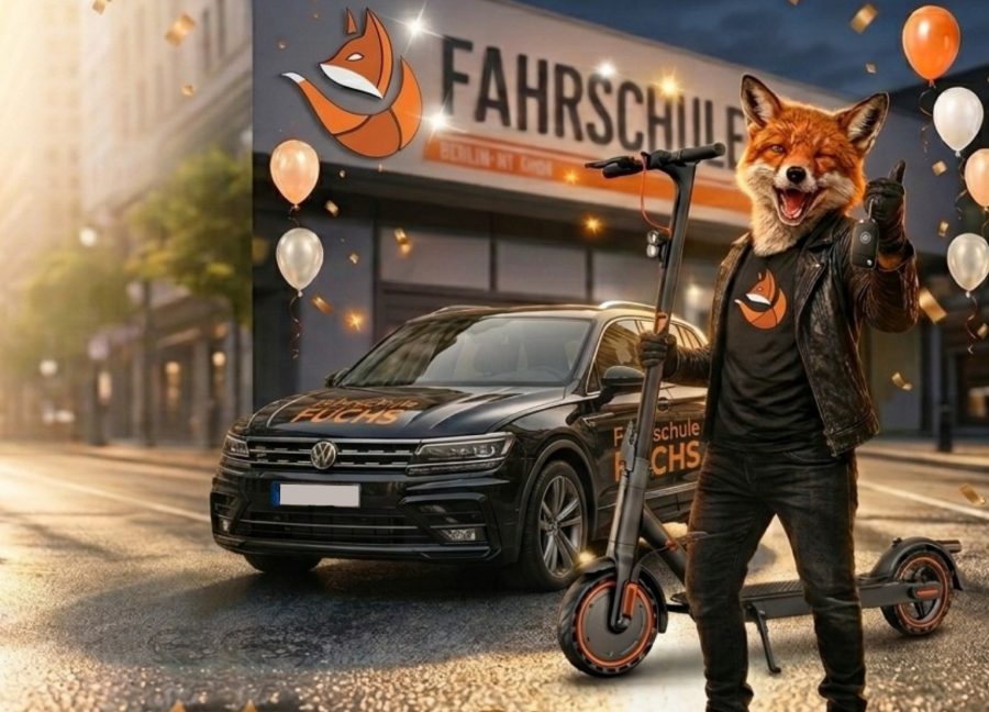 Fuchs mit E-Scooter vor der Fahrschule